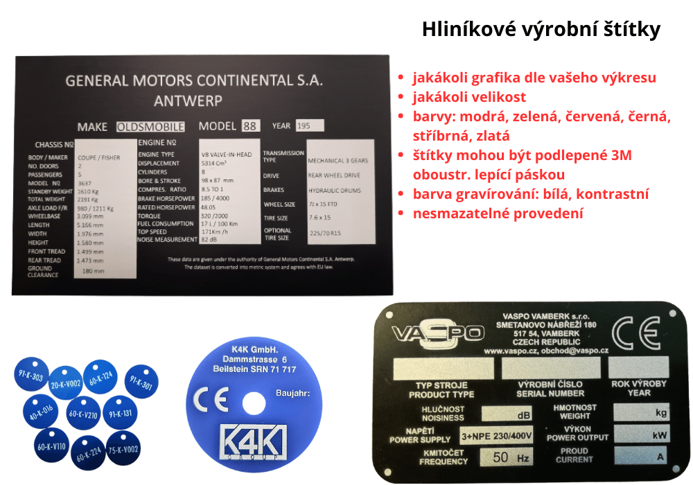 Hliníkové štítky s gravírováním, gravírování do nerezu, gravírování do kovu.